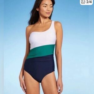 NWT Kona Sol blue white green colorblock one shoulder swimsuit. Size M.